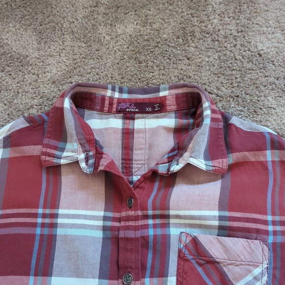 PrAna Button Down Plaid Lightweight Flannel Shirt Maroon Size XS - Picture 3 of 8